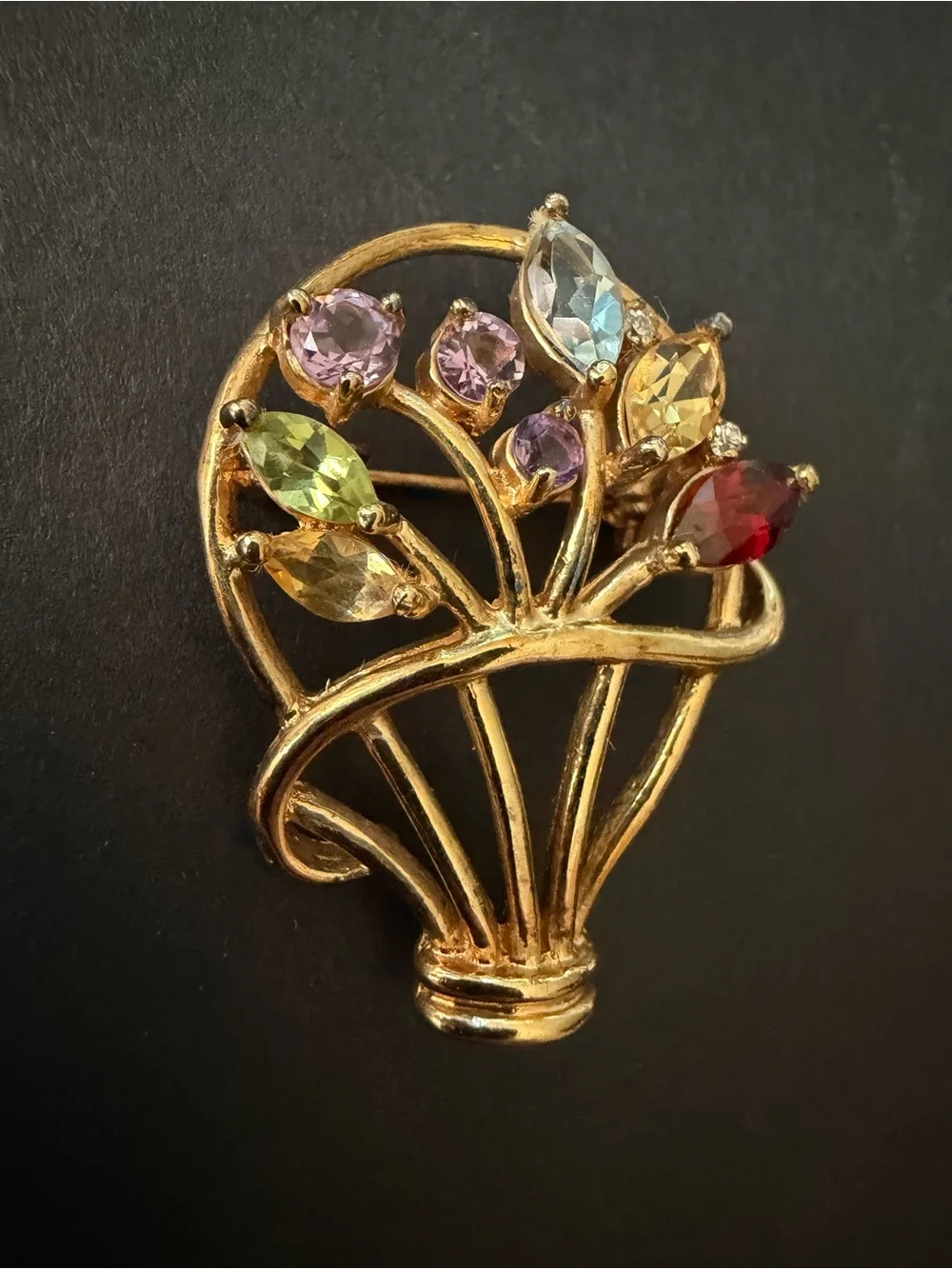 Vintage 925 Sterling Silver Gold Vermeil Multi Gemstone Flower Basket Brooch